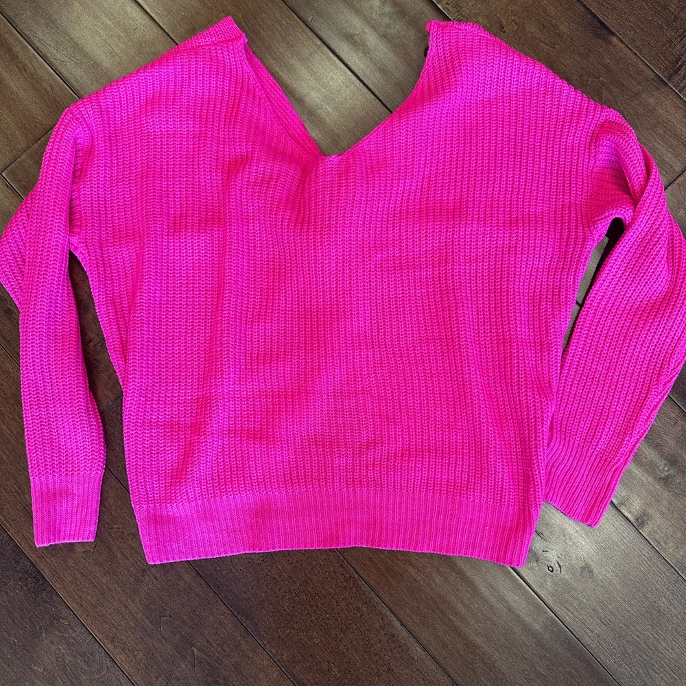 Pink Lily Pink Crew Neck Sweater with Ribbed Texture